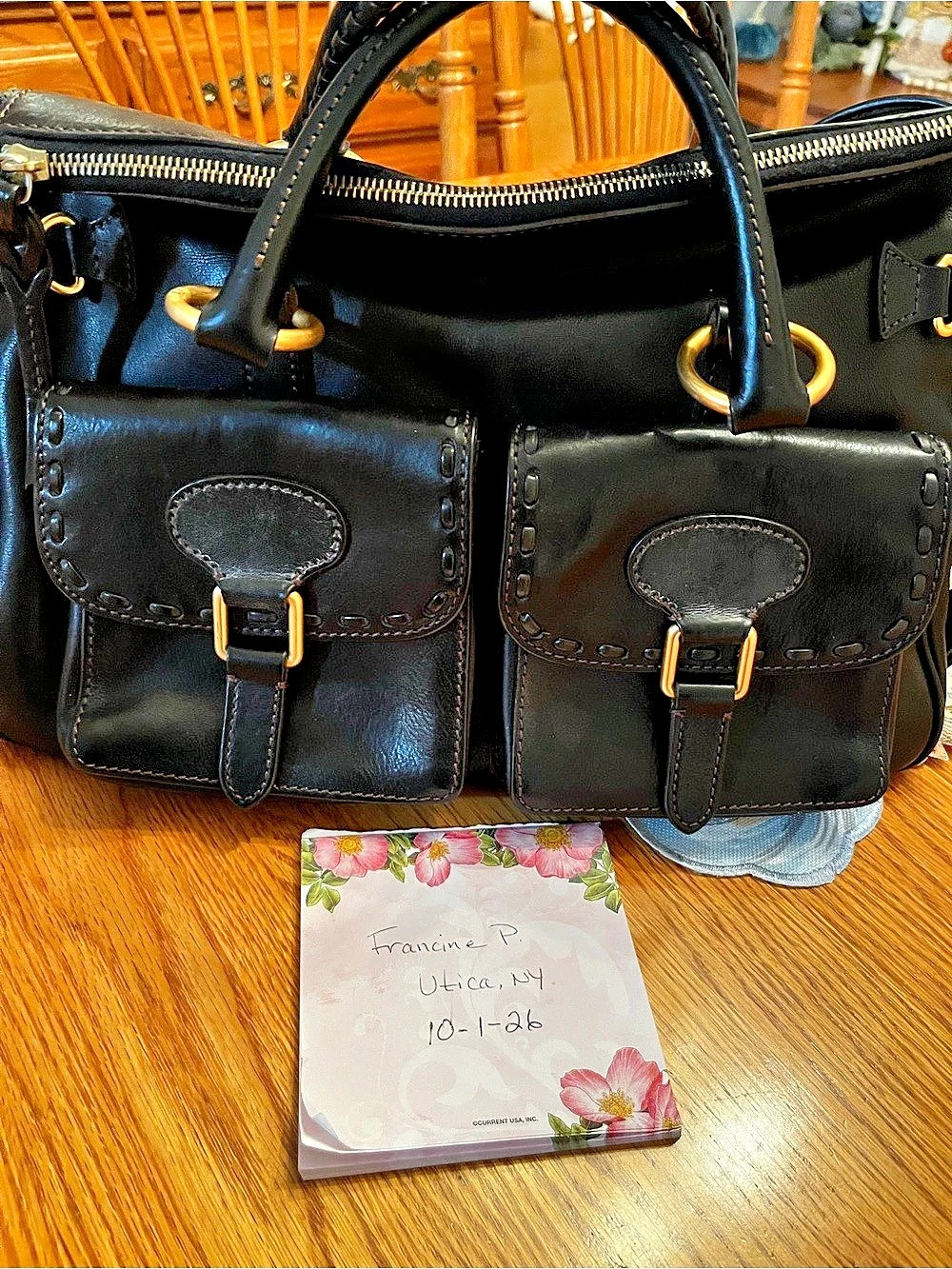 Dooney & Bourke Black Double Pocket Florentine Leather Satchel